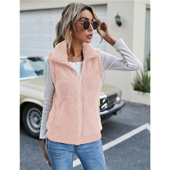 New Womens Fuzzy Fleece Vest, Casual Warm Sleeveless Zip Up Sherpa Vest - Picture 2 of 5